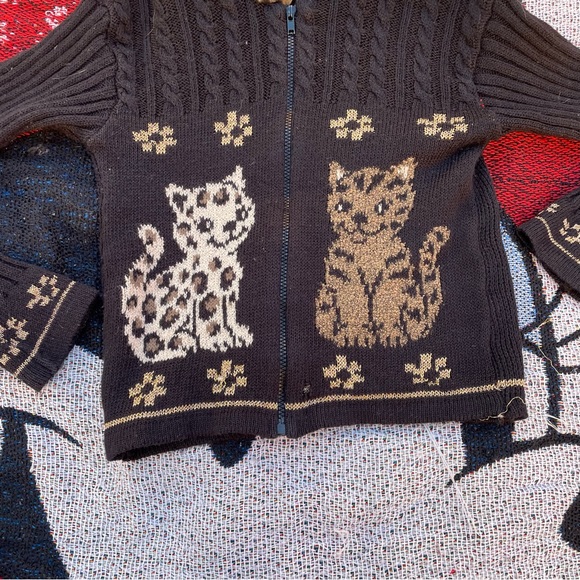 VTG HEARTWORKS BLACK RIBBED LEOPARD CAT GRAHIC ZIP UP SWEATER SIZE 4T - Picture 5 of 8